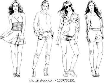 vector drawings on the theme of beautiful slim sporty girl in casual clothes in various poses painted ink hand sketch with no background