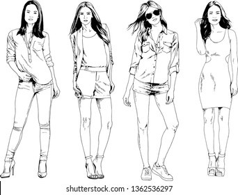 vector drawings on the theme of beautiful slim sporty girl in casual clothes in various poses painted ink hand sketch with no background