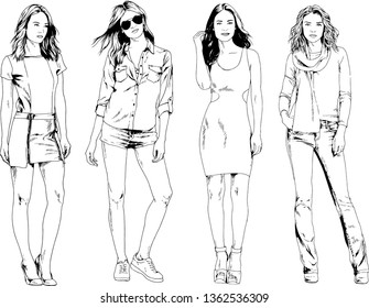 vector drawings on the theme of beautiful slim sporty girl in casual clothes in various poses painted ink hand sketch with no background