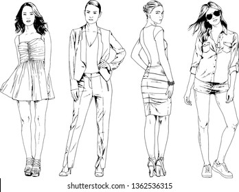 dibujos vectoriales sobre el tema de una bella deportista delgada con ropa casual en varias poses boceto pintado con tinta de mano sin fondo