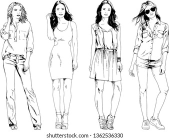 vector drawings on the theme of beautiful slim sporty girl in casual clothes in various poses painted ink hand sketch with no background