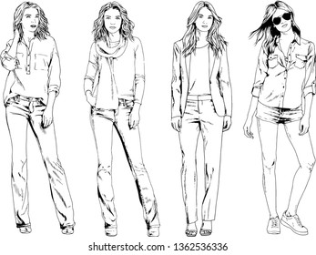 vector drawings on the theme of beautiful slim sporty girl in casual clothes in various poses painted ink hand sketch with no background