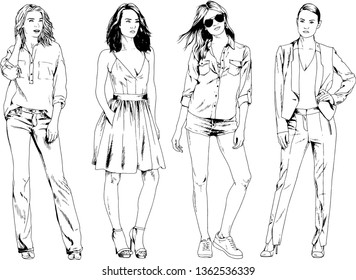 vector drawings on the theme of beautiful slim sporty girl in casual clothes in various poses painted ink hand sketch with no background