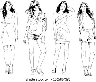 vector drawings on the theme of beautiful slim sporty girl in casual clothes in various poses painted ink hand sketch with no background