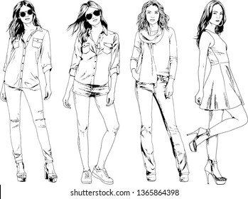 vector drawings on the theme of beautiful slim sporty girl in casual clothes in various poses painted ink hand sketch with no background