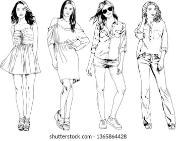 vector drawings on the theme of beautiful slim sporty girl in casual clothes in various poses painted ink hand sketch with no background