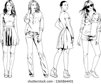 vector drawings on the theme of beautiful slim sporty girl in casual clothes in various poses painted ink hand sketch with no background
