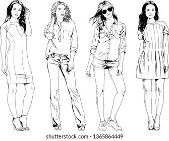 vector drawings on the theme of beautiful slim sporty girl in casual clothes in various poses painted ink hand sketch with no background