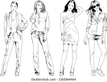 vector drawings on the theme of beautiful slim sporty girl in casual clothes in various poses painted ink hand sketch with no background
