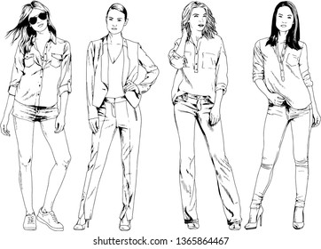 vector drawings on the theme of beautiful slim sporty girl in casual clothes in various poses painted ink hand sketch with no background