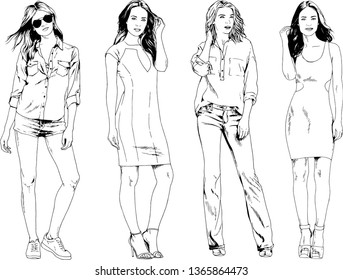 vector drawings on the theme of beautiful slim sporty girl in casual clothes in various poses painted ink hand sketch with no background