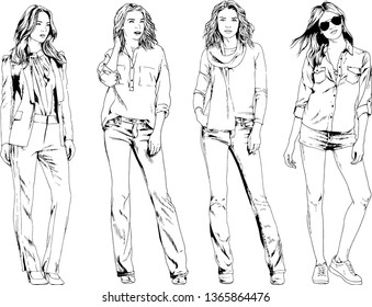 vector drawings on the theme of beautiful slim sporty girl in casual clothes in various poses painted ink hand sketch with no background