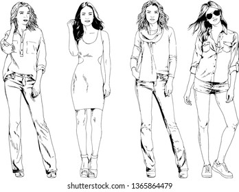vector drawings on the theme of beautiful slim sporty girl in casual clothes in various poses painted ink hand sketch with no background
