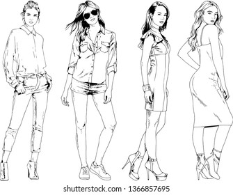 vector drawings on the theme of beautiful slim sporty girl in casual clothes in various poses painted ink hand sketch with no background