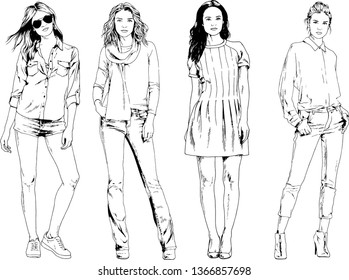 vector drawings on the theme of beautiful slim sporty girl in casual clothes in various poses painted ink hand sketch with no background