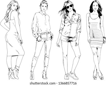 vector drawings on the theme of beautiful slim sporty girl in casual clothes in various poses painted ink hand sketch with no background