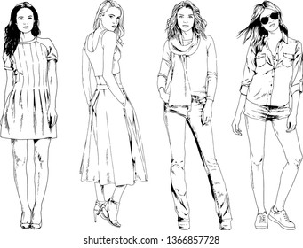 vector drawings on the theme of beautiful slim sporty girl in casual clothes in various poses painted ink hand sketch with no background