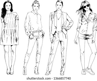 vector drawings on the theme of beautiful slim sporty girl in casual clothes in various poses painted ink hand sketch with no background