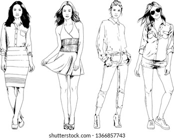 vector drawings on the theme of beautiful slim sporty girl in casual clothes in various poses painted ink hand sketch with no background