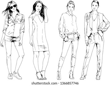 vector drawings on the theme of beautiful slim sporty girl in casual clothes in various poses painted ink hand sketch with no background