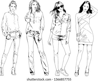 vector drawings on the theme of beautiful slim sporty girl in casual clothes in various poses painted ink hand sketch with no background