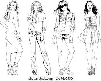 vector drawings on the theme of beautiful slim sporty girl in casual clothes in various poses painted ink hand sketch with no background