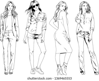 vector drawings on the theme of beautiful slim sporty girl in casual clothes in various poses painted ink hand sketch with no background