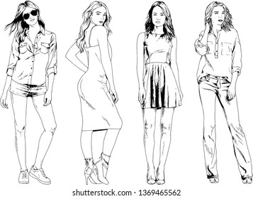 vector drawings on the theme of beautiful slim sporty girl in casual clothes in various poses painted ink hand sketch with no background