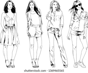 vector drawings on the theme of beautiful slim sporty girl in casual clothes in various poses painted ink hand sketch with no background