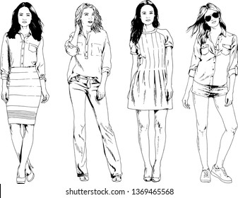 vector drawings on the theme of beautiful slim sporty girl in casual clothes in various poses painted ink hand sketch with no background