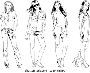 vector drawings on the theme of beautiful slim sporty girl in casual clothes in various poses painted ink hand sketch with no background