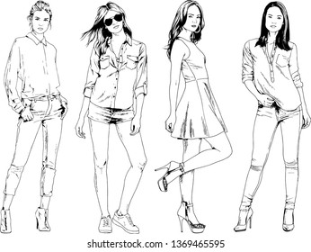 vector drawings on the theme of beautiful slim sporty girl in casual clothes in various poses painted ink hand sketch with no background