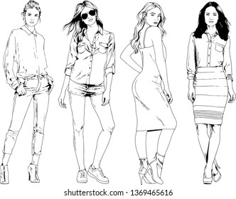 vector drawings on the theme of beautiful slim sporty girl in casual clothes in various poses painted ink hand sketch with no background