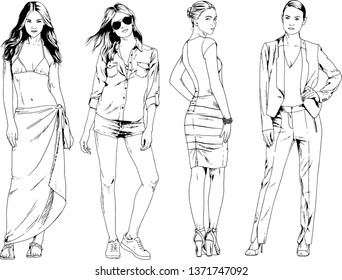 vector drawings on the theme of beautiful slim sporty girl in casual clothes in various poses painted ink hand sketch with no background