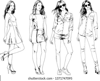 vector drawings on the theme of beautiful slim sporty girl in casual clothes in various poses painted ink hand sketch with no background
