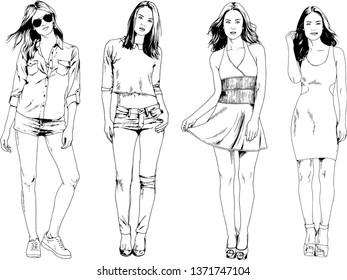 vector drawings on the theme of beautiful slim sporty girl in casual clothes in various poses painted ink hand sketch with no background