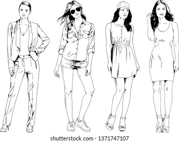 vector drawings on the theme of beautiful slim sporty girl in casual clothes in various poses painted ink hand sketch with no background