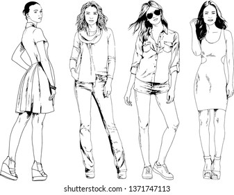 vector drawings on the theme of beautiful slim sporty girl in casual clothes in various poses painted ink hand sketch with no background