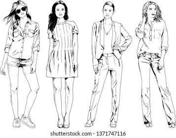 vector drawings on the theme of beautiful slim sporty girl in casual clothes in various poses painted ink hand sketch with no background