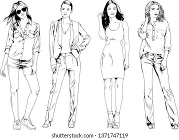 vector drawings on the theme of beautiful slim sporty girl in casual clothes in various poses painted ink hand sketch with no background