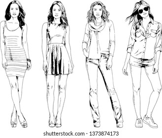 vector drawings on the theme of beautiful slim sporty girl in casual clothes in various poses painted ink hand sketch with no background