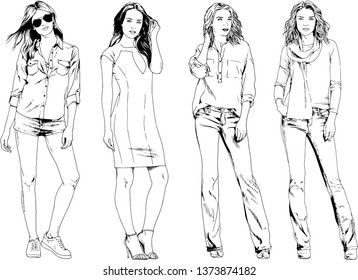 vector drawings on the theme of beautiful slim sporty girl in casual clothes in various poses painted ink hand sketch with no background