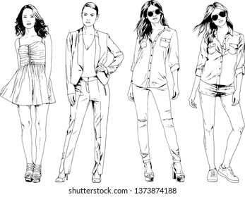 vector drawings on the theme of beautiful slim sporty girl in casual clothes in various poses painted ink hand sketch with no background