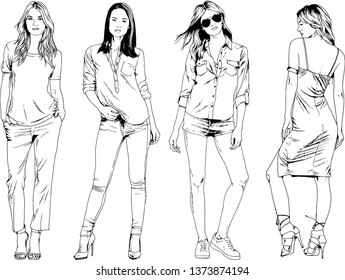 vector drawings on the theme of beautiful slim sporty girl in casual clothes in various poses painted ink hand sketch with no background