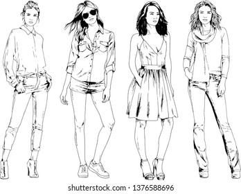 vector drawings on the theme of beautiful slim sporty girl in casual clothes in various poses painted ink hand sketch with no background