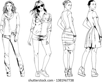 vector drawings on the theme of beautiful slim sporty girl in casual clothes in various poses painted ink hand sketch with no background