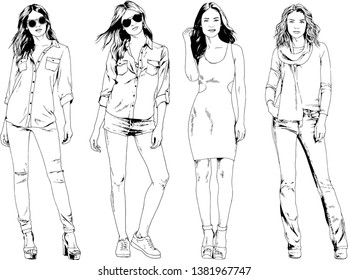 vector drawings on the theme of beautiful slim sporty girl in casual clothes in various poses painted ink hand sketch with no background