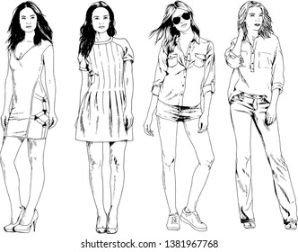 vector drawings on the theme of beautiful slim sporty girl in casual clothes in various poses painted ink hand sketch with no background