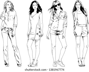 vector drawings on the theme of beautiful slim sporty girl in casual clothes in various poses painted ink hand sketch with no background