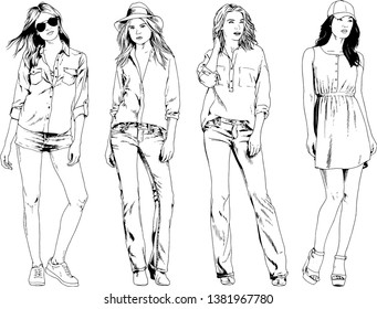 vector drawings on the theme of beautiful slim sporty girl in casual clothes in various poses painted ink hand sketch with no background